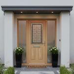 Wooden front door with decorative glass panel on a house exterior