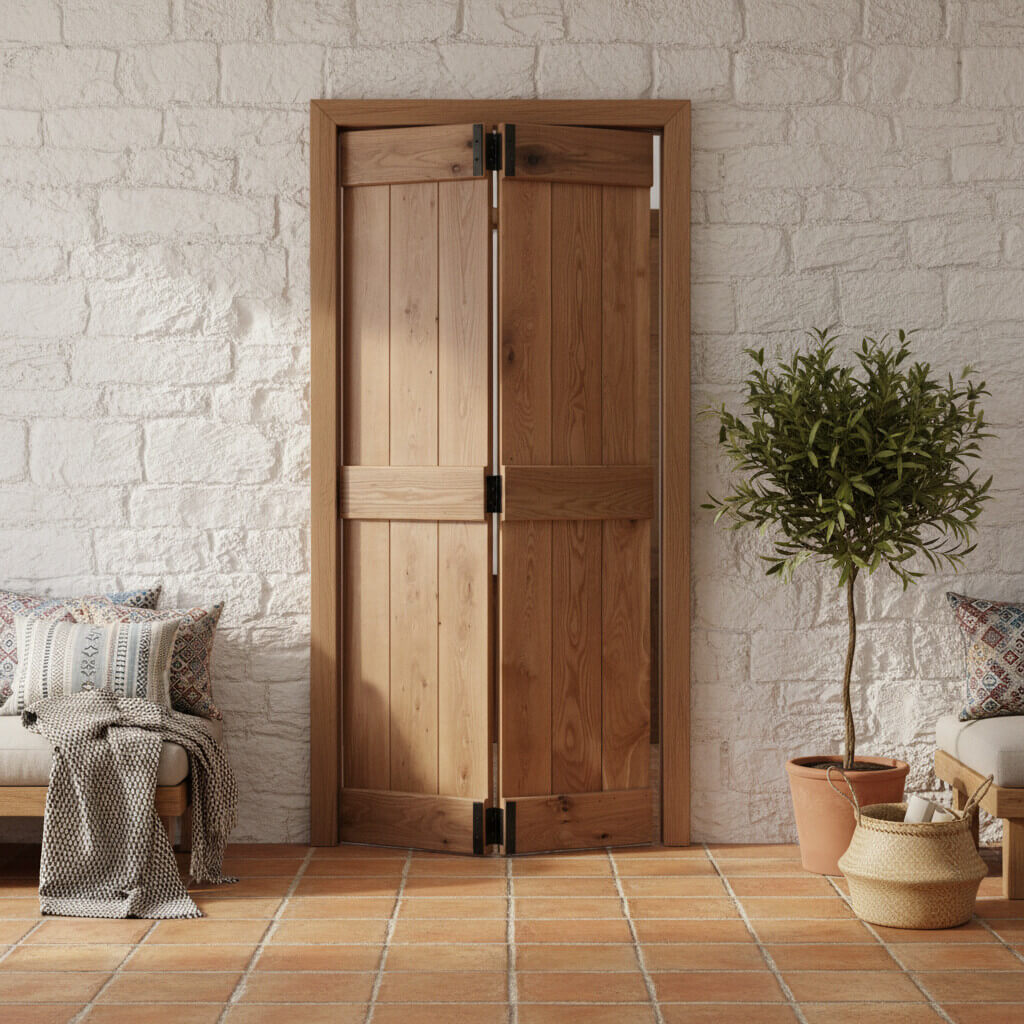Solid Oak Rustic Bi Fold 3 Ledge Bead and Butt Cottage Door