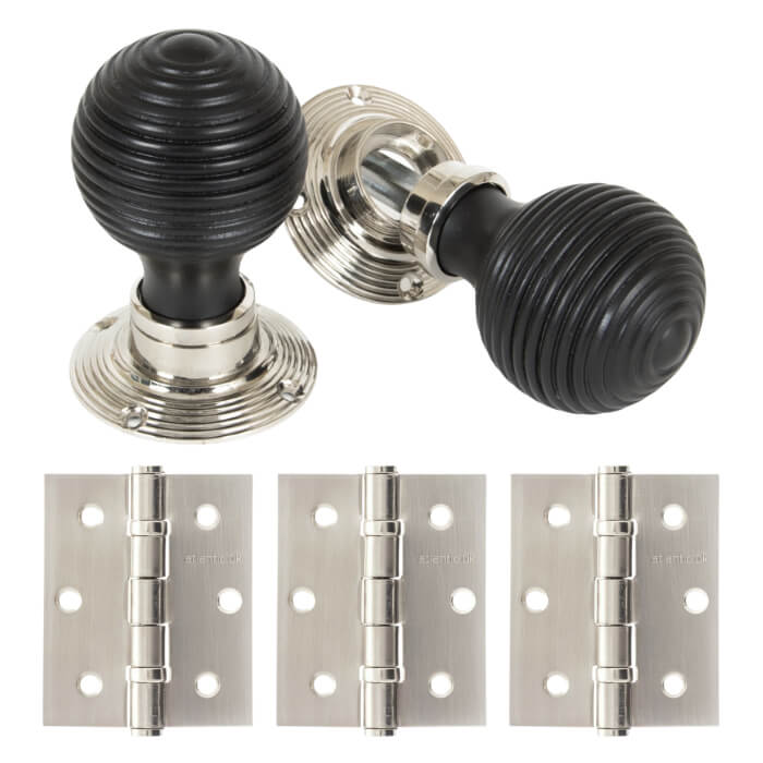 Ebonised Beehive Period Door Knob Nickel Rose - Value Pack