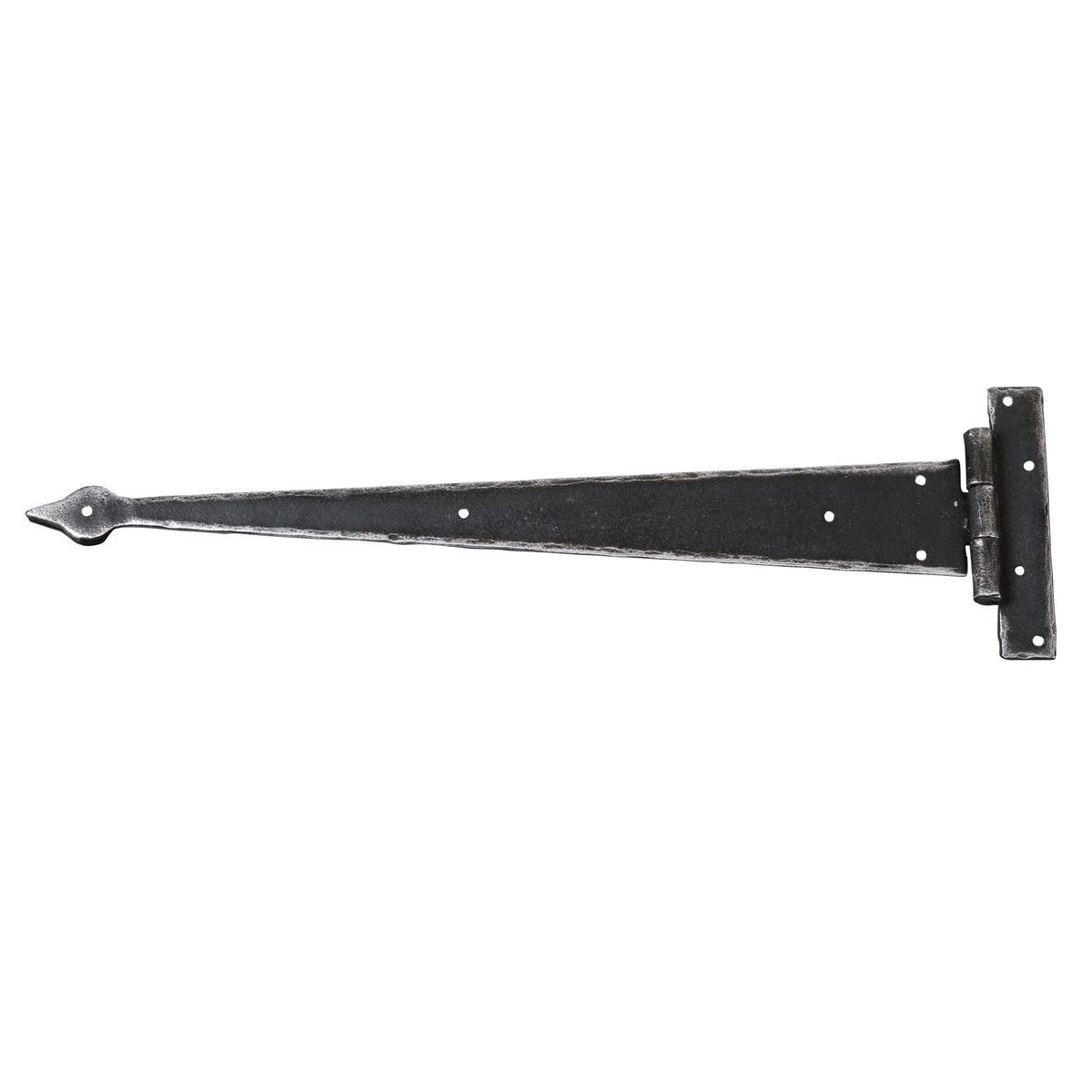 Product A single black metal barn door hinge with a long triangular blade and a square mounting bracket, shown on a plain white background.