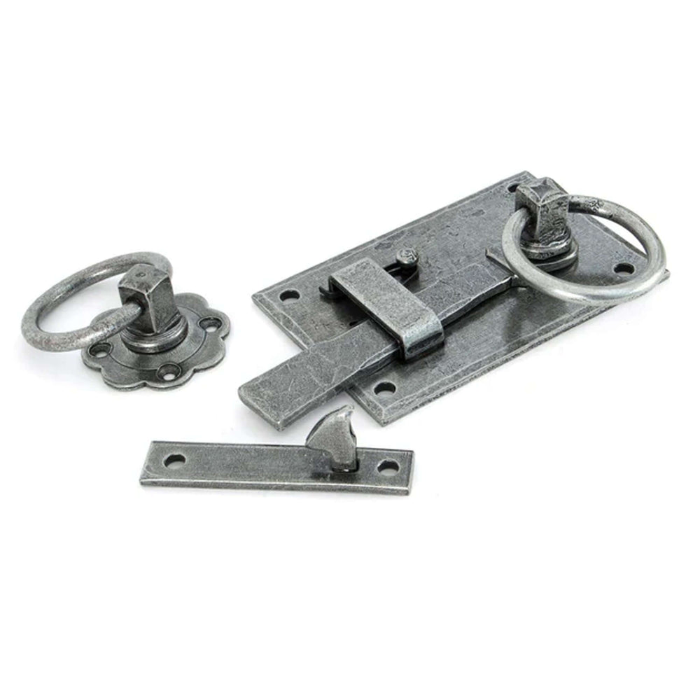 Product pewter ring latch hardware set on white background