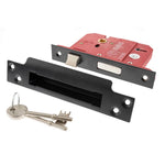 Product A black metal door lockset assembly with a red backplate and two silver keys, photographed on a plain white background.