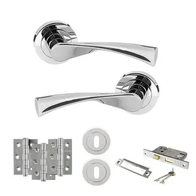 Product Set of chrome door handles and hardware components on a white background
