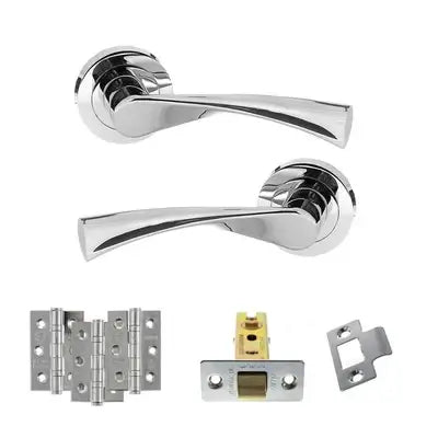 Product Set of chrome door handles and hardware components on a white background