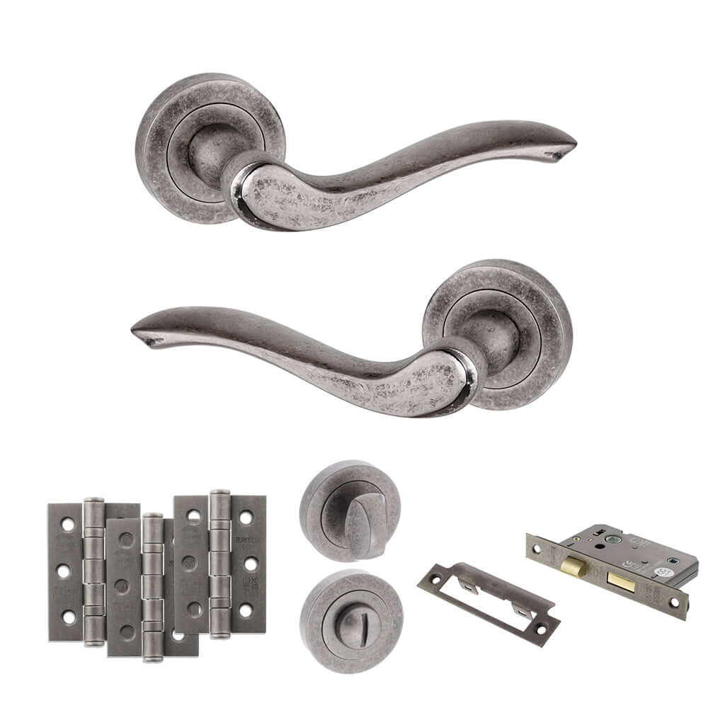 Product Warwick lever on round rose, distressed silver finish