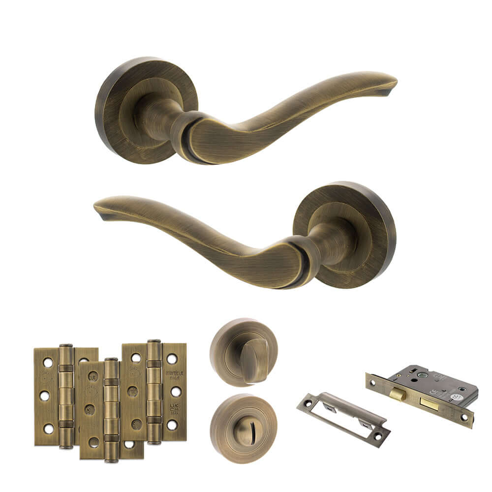 Product Warwick lever on round rose, matt antique brass finish