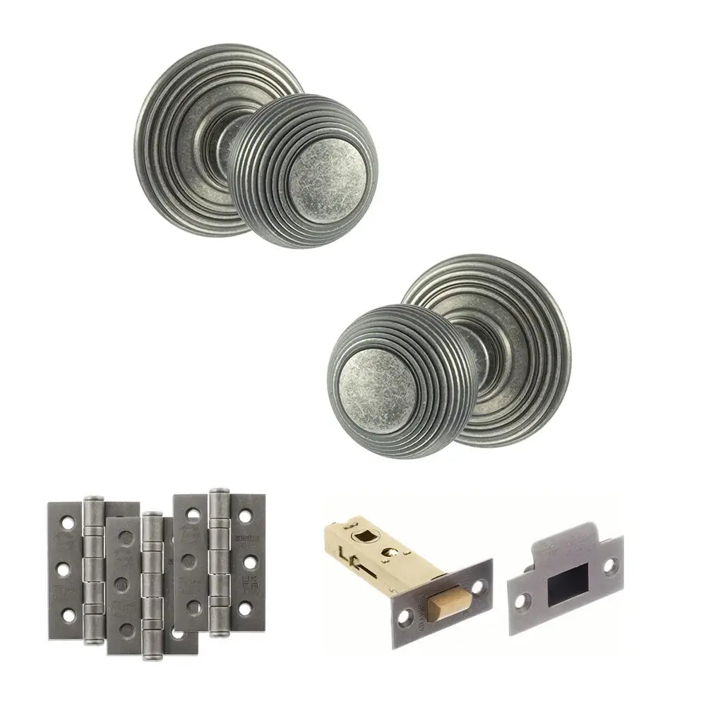 Pair of Ripon reeded beehive knobs in distressed silver with hinges and tubular latch