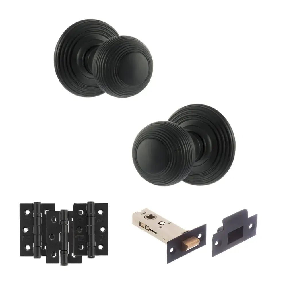 Pair of Ripon reeded beehive knobs in matt black with hinges and tubular latch