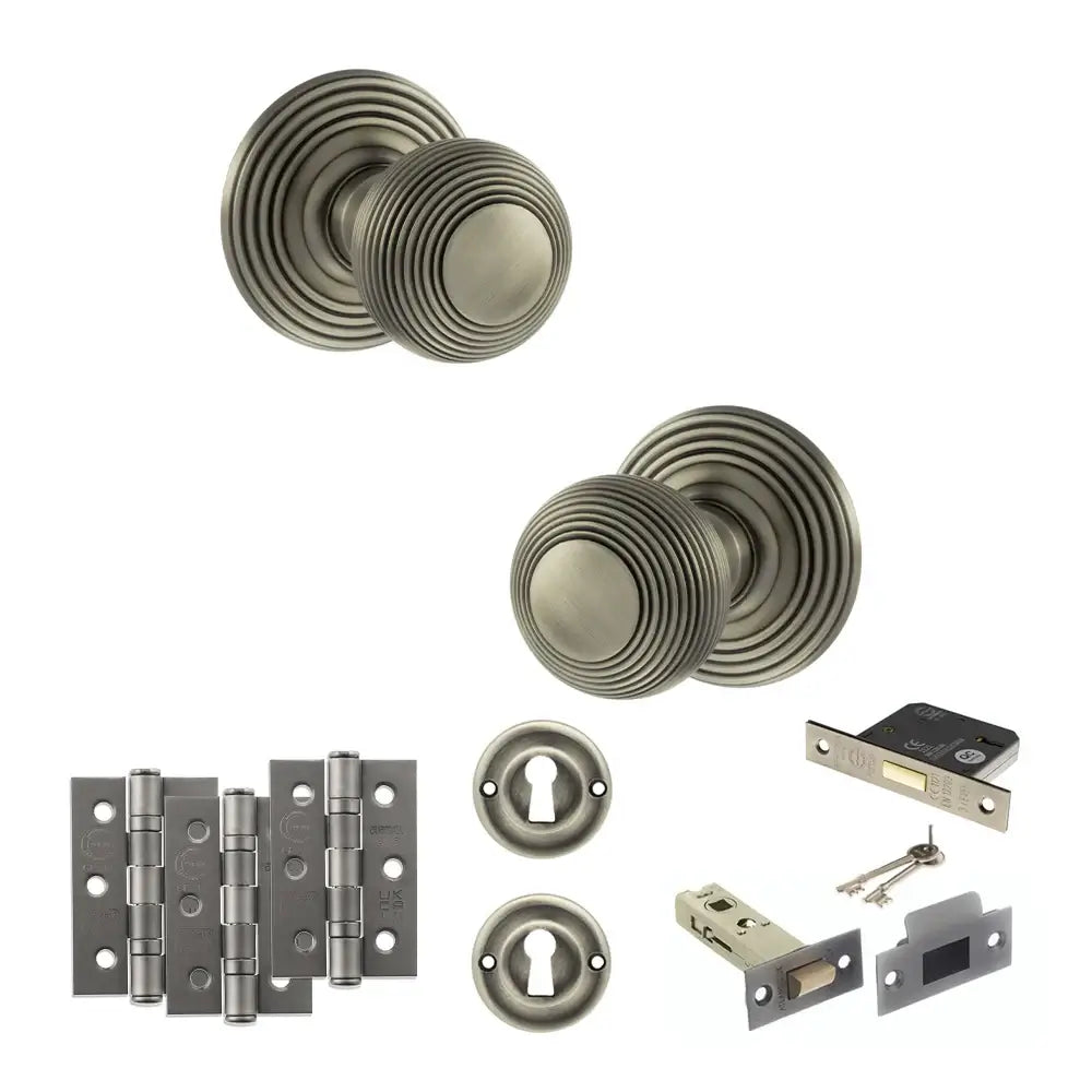 Pair of Ripon reeded beehive knobs in matt gunmetal with hinges, sash lock and keys