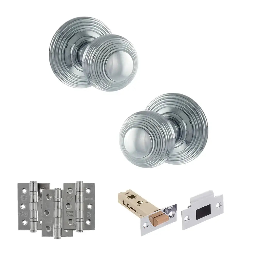 Pair of Ripon reeded beehive knobs in polished chrome with hinges and tubular latch