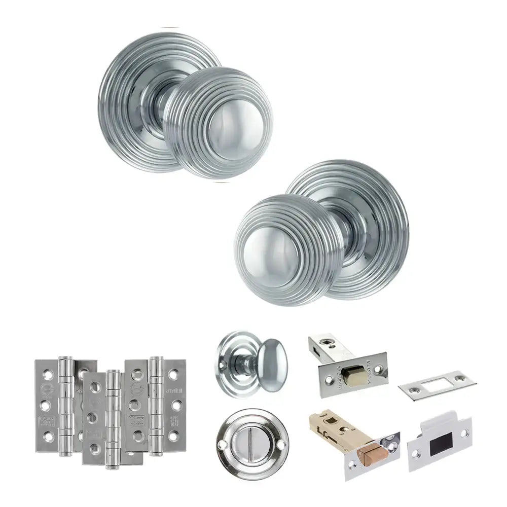 Pair of Ripon reeded beehive knobs in polished chrome with hinges, thumbturn and bathroom deadbolt
