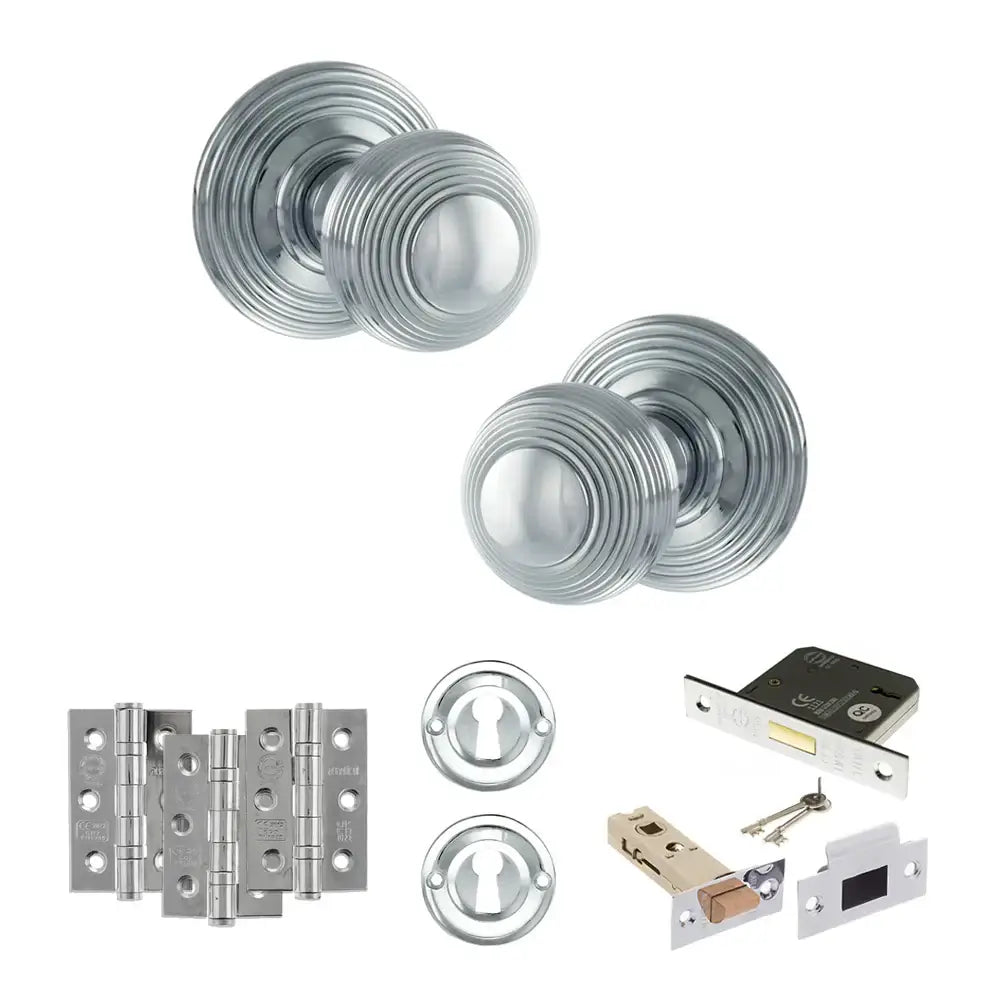 Pair of Ripon reeded beehive knobs in polished chrome with hinges, sash lock and keys
