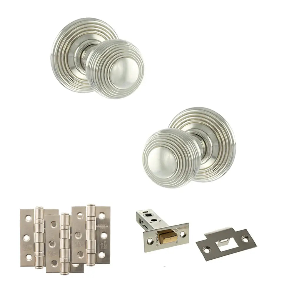 Pair of Ripon reeded beehive knobs in polished nickel with hinges and tubular latch