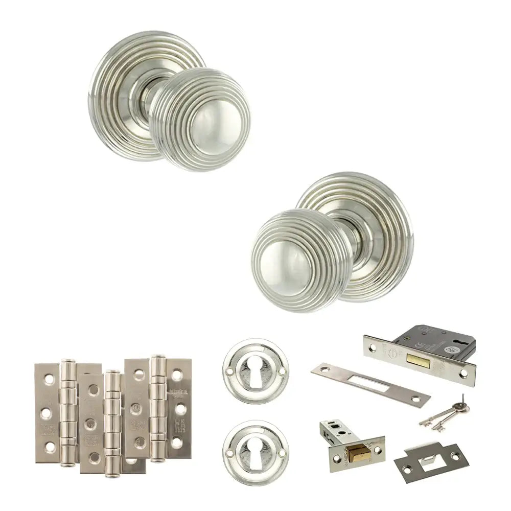 Pair of Ripon reeded beehive knobs in polished nickel with hinges, sash lock and keys