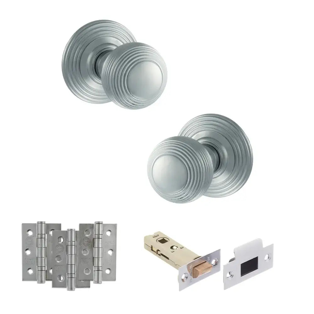 Pair of Ripon reeded beehive knobs in satin chrome with hinges and tubular latch