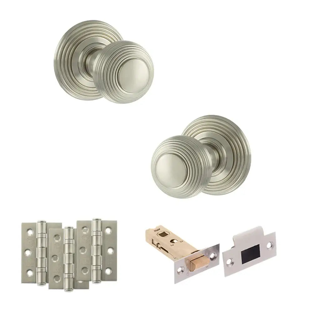 Pair of Ripon reeded beehive knobs in satin nickel with hinges and tubular latch