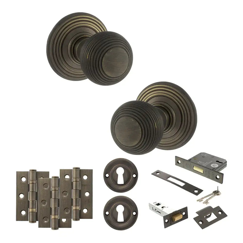 Pair of Ripon reeded beehive knobs in urban bronze with hinges, sash lock and keys