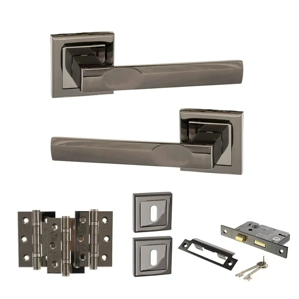 Product Set of bronze door handles and hardware components on a white background