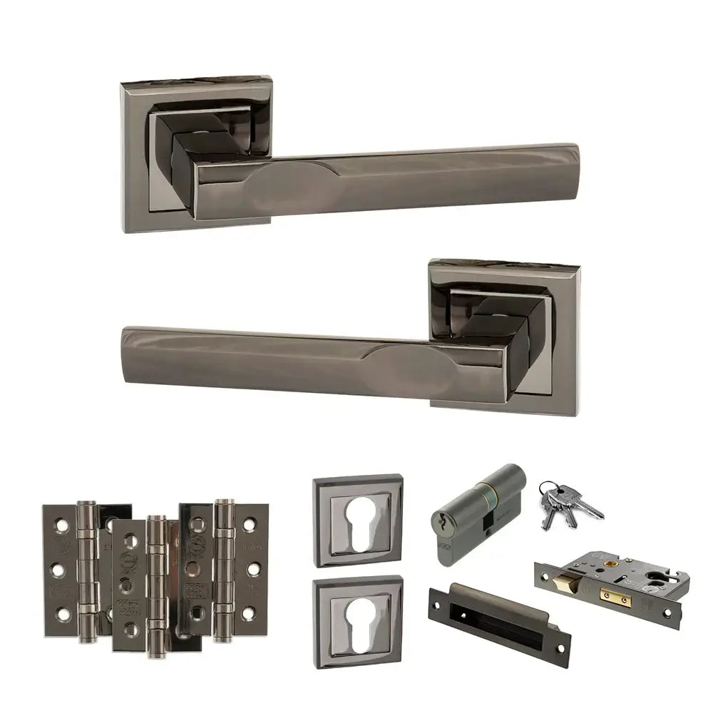 Product Set of door hardware components including handles and locks on a white background