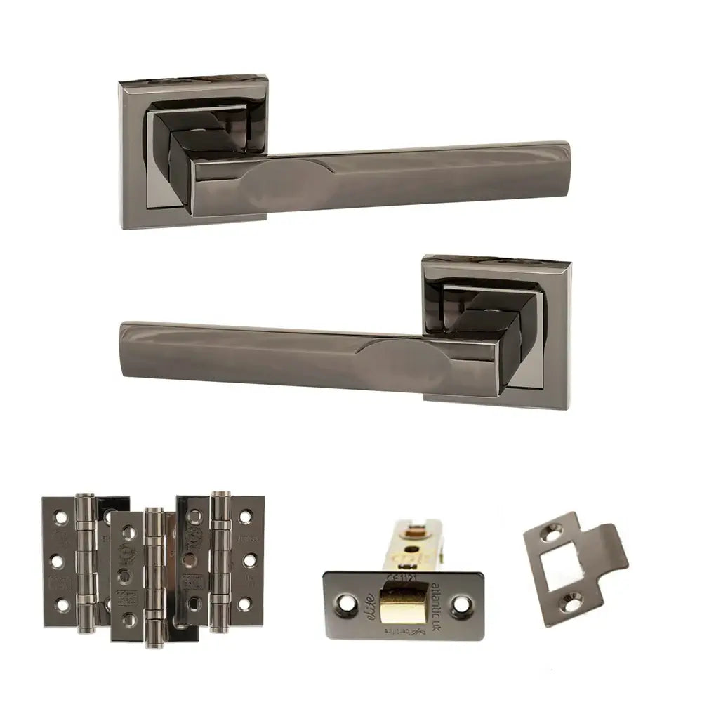 Product Set of metallic door handles and hardware components on a white background