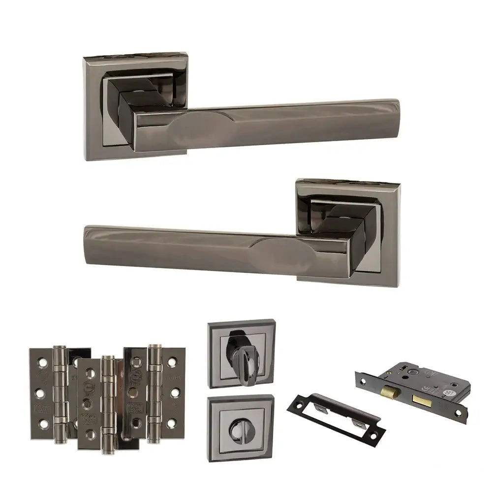 Product Set of bronze door handles and hardware components on a white background