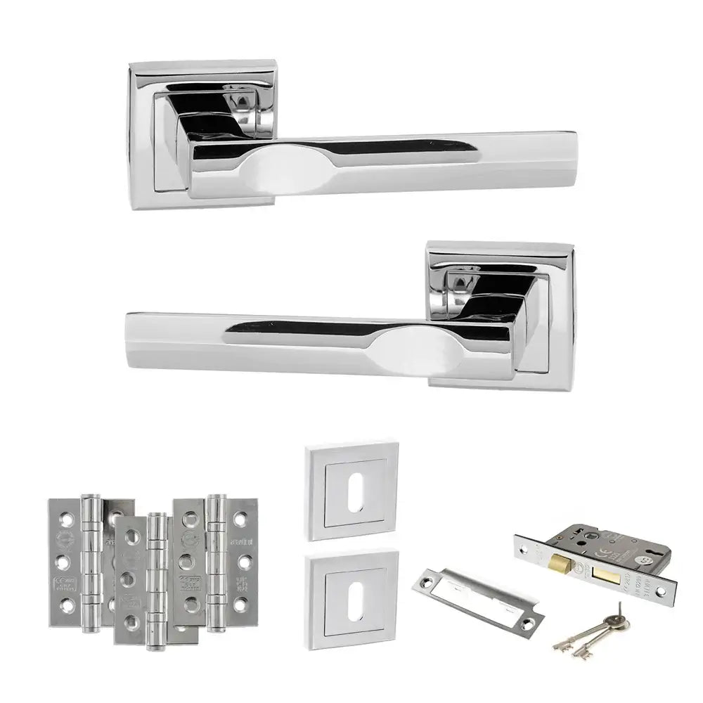 Product Set of polished chrome door handles and lock components on a white background