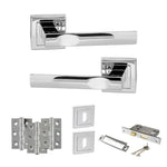 Product Set of polished chrome door handles and lock components on a white background