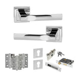 Product Set of chrome door handles, locks, and hinges on a white background
