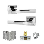 Product Set of chrome door handles and hardware components on a white background