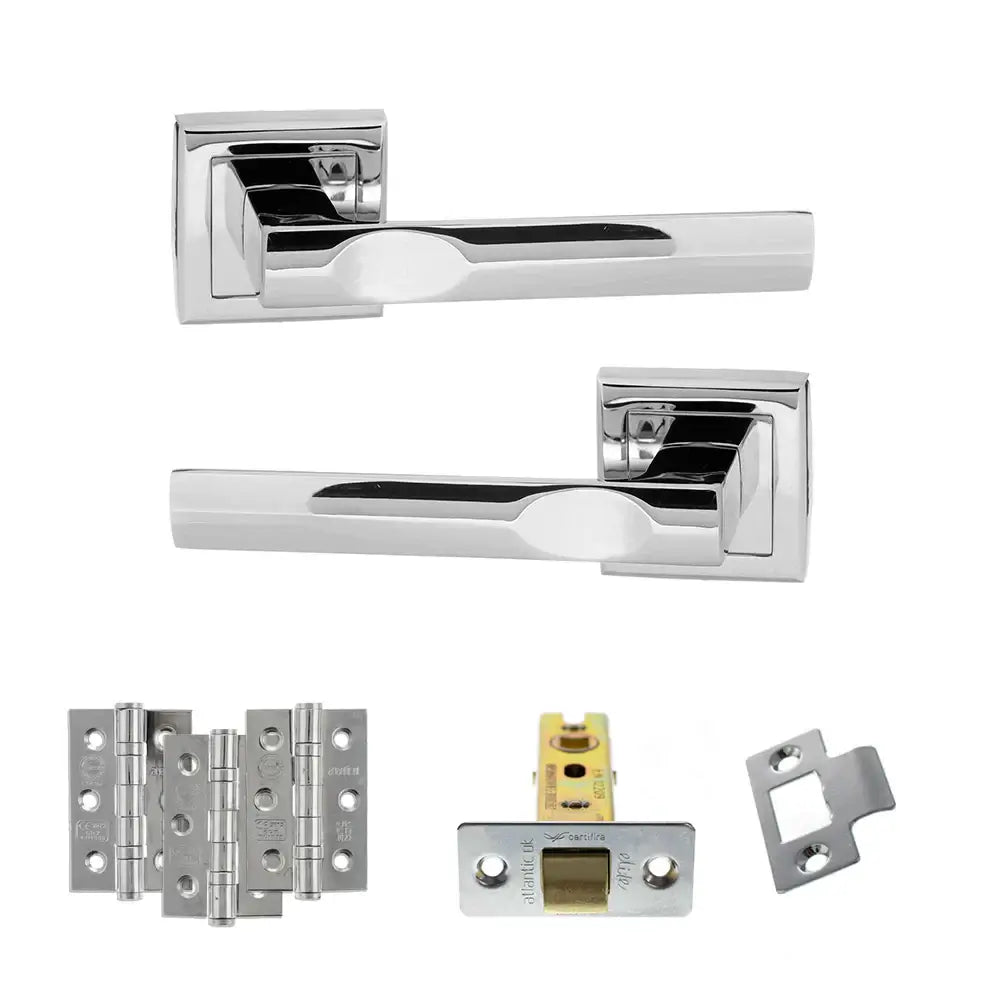 Product Set of chrome door handles and hardware components on a white background