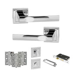 Product Set of polished chrome door handles and lock components on a white background