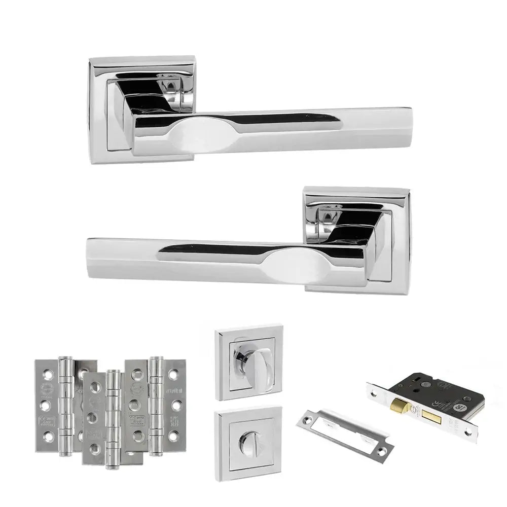 Product Set of polished chrome door handles and lock components on a white background