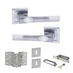 Product Set of silver door handles, hinges, and lock on a white background