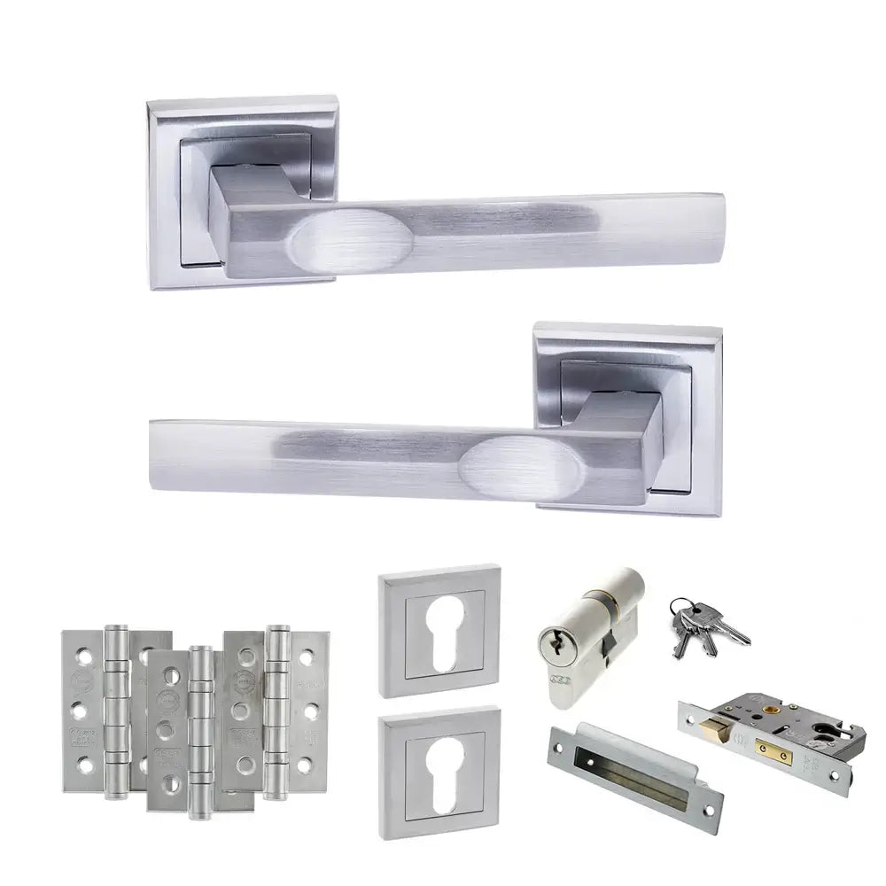 Product Set of silver door handles, locks, and hinges on a white background