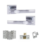 Product Set of silver door handles and hardware components on a white background