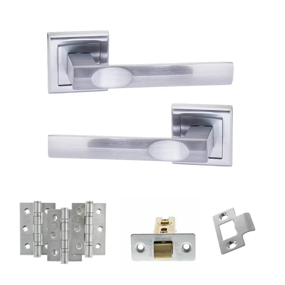 Product Set of silver door handles and hardware components on a white background