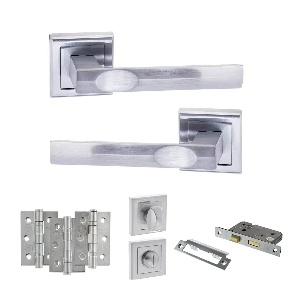Product Set of silver door handles and lock components on a white background