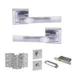 Product Set of silver door handles and lock components on a white background