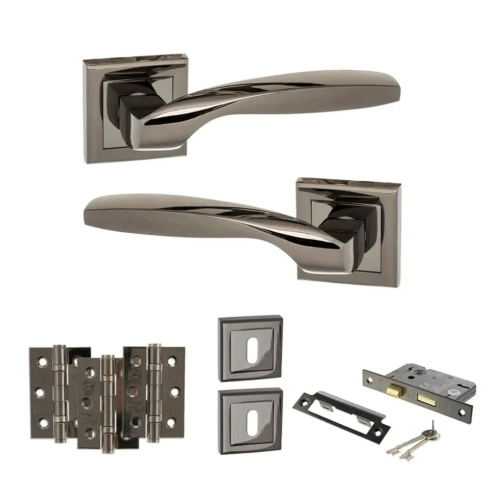 Product Set of door handles and locks on a white background