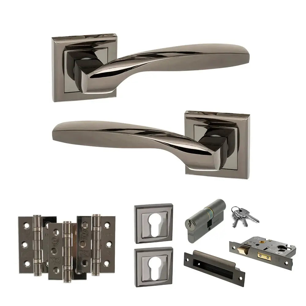 Product Set of door handles and locks on a white background