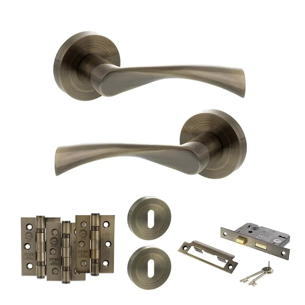 Product Set of vintage-style door handles and hardware on a white background