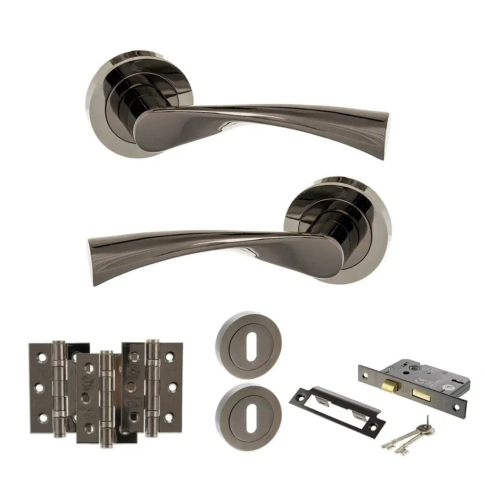 Product Set of door handles and hardware components on a white background