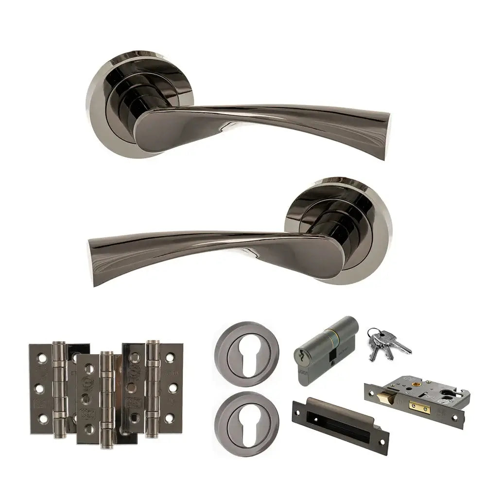 Product Collection of door hardware components including handles, hinges, and locks on a white background