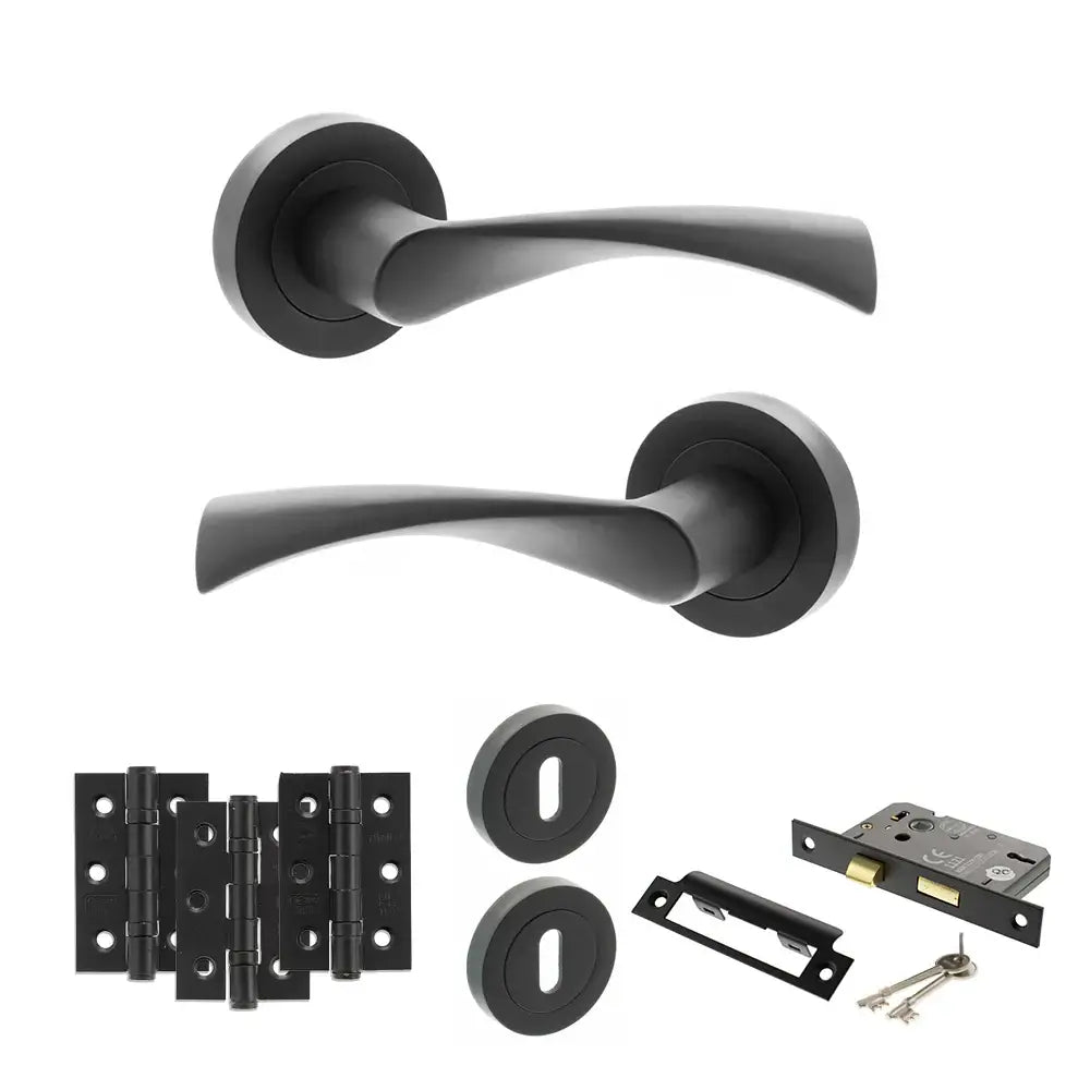 Product Black door handle set with additional hardware components on a white background