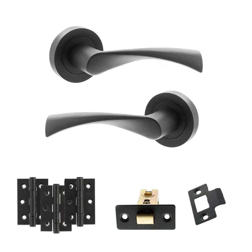 Product Black door handles with additional hardware components on a white background