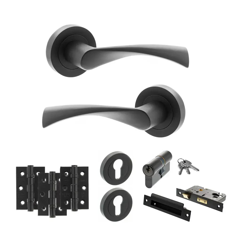 Product Black door handle set with key components on a white background