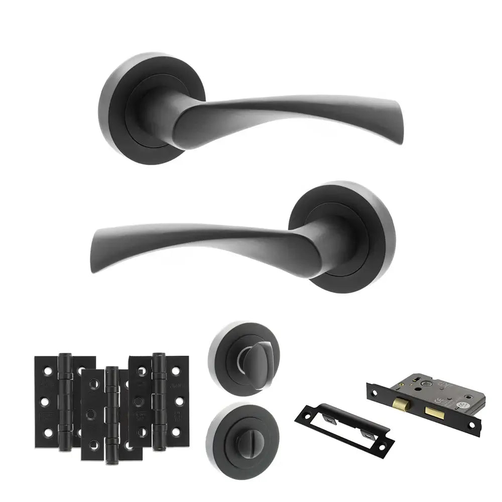 Product Black door handle set with additional hardware components on a white background