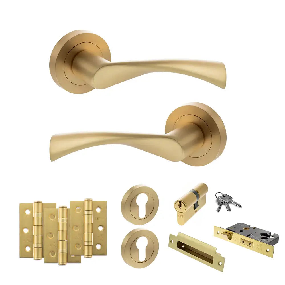 Product Gold door handle set with lock mechanism on a white background
