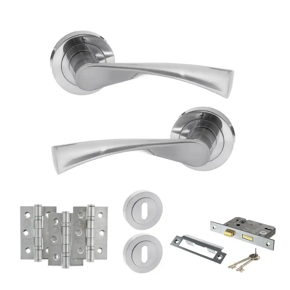 Product Set of silver door handles, hinges, and lock mechanism on a white background