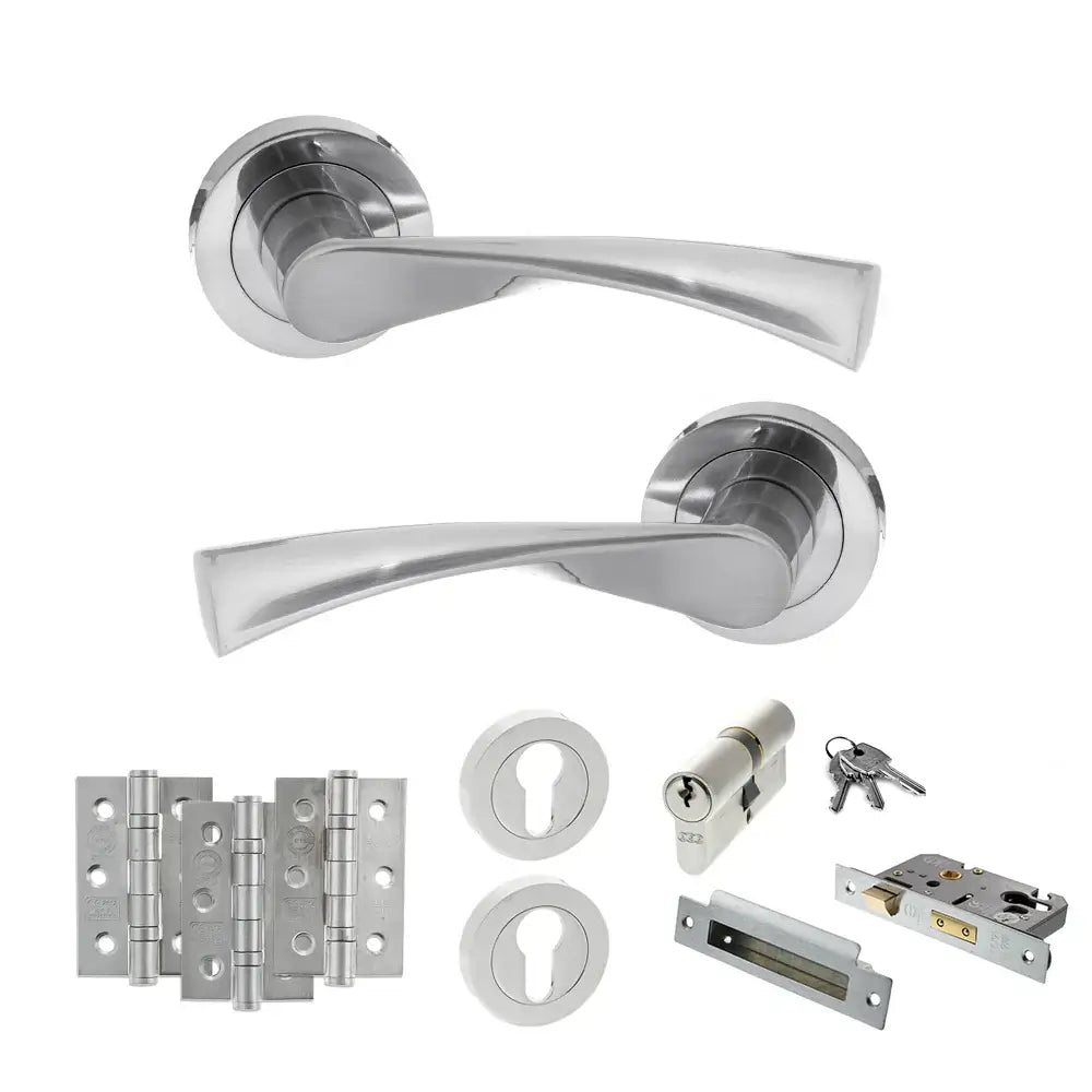 Product Set of silver door handles, hinges, and locks on a white background
